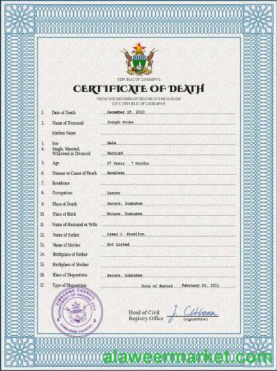 Zimbabwe death certificate PSD template